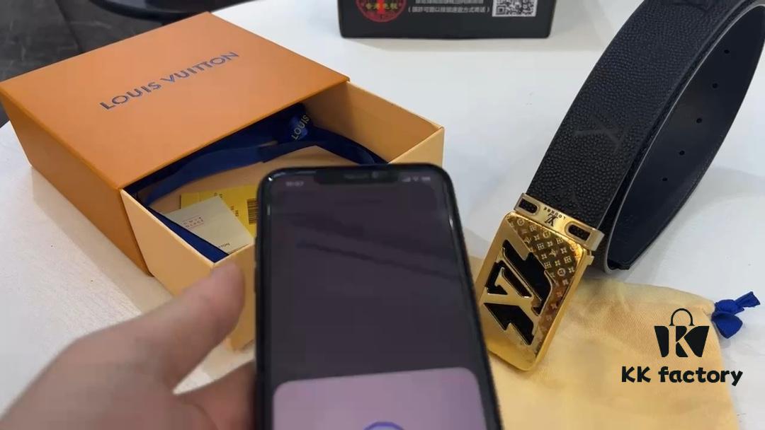 LV New Style Embossed Leather Belt with Diamond-Fixed Hardware, Anti-Counterfeit Video Authentication