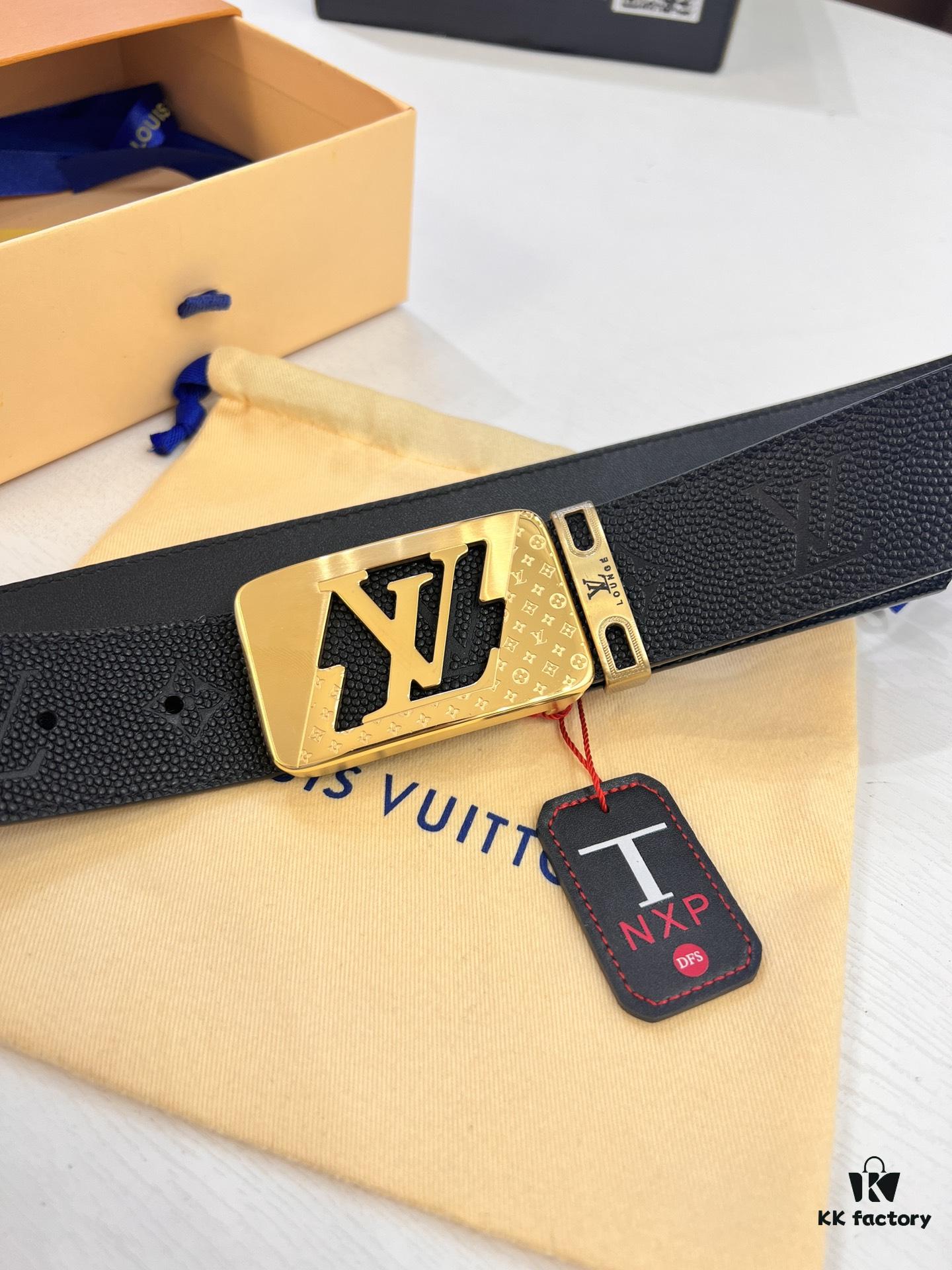 Top-Tier LV Louis Vuitton L-Logo Polished Stainless Steel Buckle Belt - Premium French Embossed Calfskin Leather, 3.8cm Width, with Original NXP Anti-Counterfeit Chip (Hong Kong Duty-Free Gift Box)