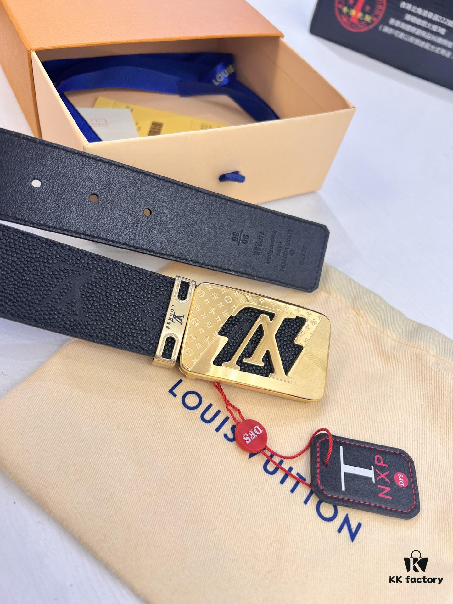 Top-Tier LV Louis Vuitton L-Logo Polished Stainless Steel Buckle Belt - Premium French Embossed Calfskin Leather, 3.8cm Width, with Original NXP Anti-Counterfeit Chip (Hong Kong Duty-Free Gift Box)