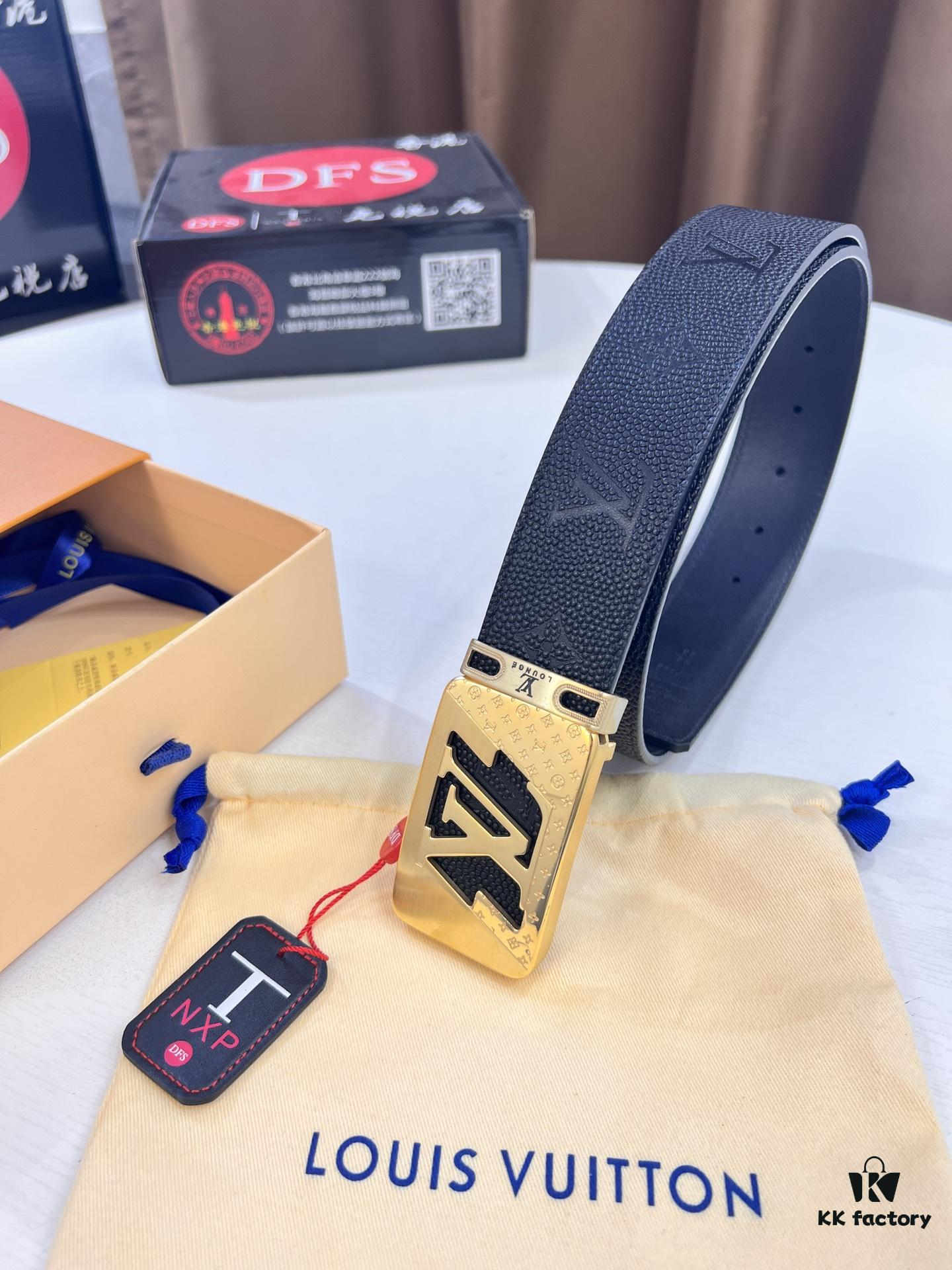 Top-Tier LV Louis Vuitton L-Logo Polished Stainless Steel Buckle Belt - Premium French Embossed Calfskin Leather, 3.8cm Width, with Original NXP Anti-Counterfeit Chip (Hong Kong Duty-Free Gift Box)