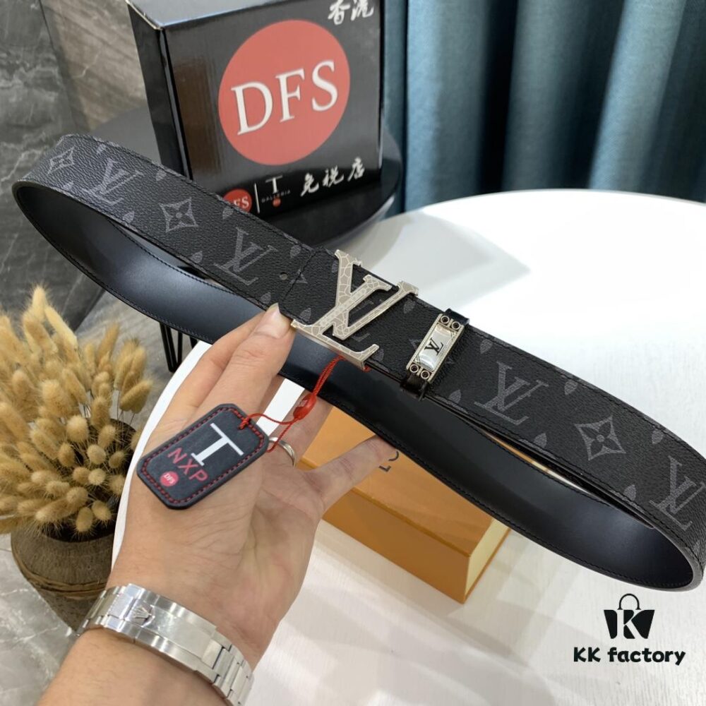 LV Men's Belt, New Monogram Design, Imported Fabric, Full-Grain Cowhide, Reversible, 3.8cm Width, Water Ripple Letter Hardware