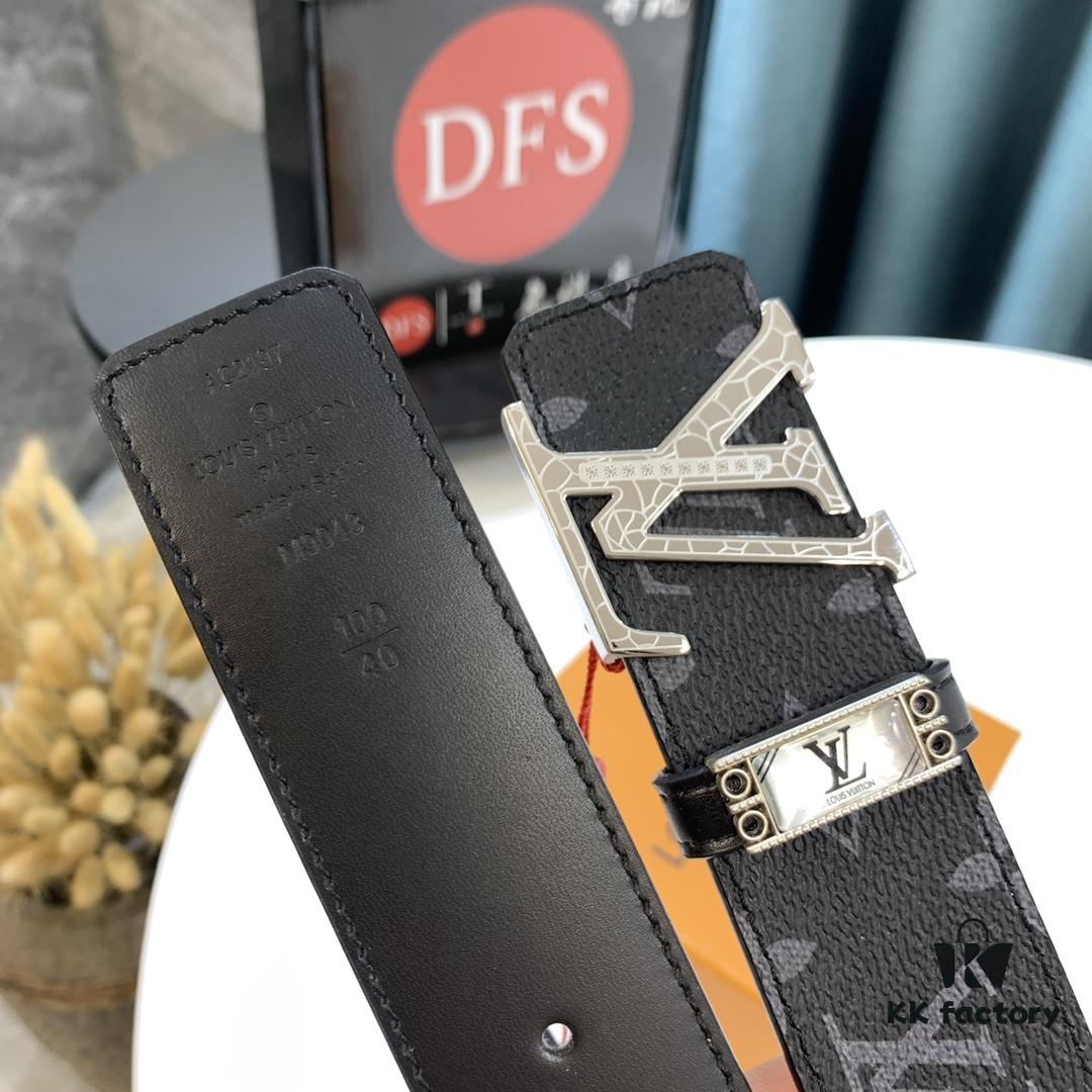 LV Men's Belt, New Monogram Design, Imported Fabric, Full-Grain Cowhide, Reversible, 3.8cm Width, Water Ripple Letter Hardware