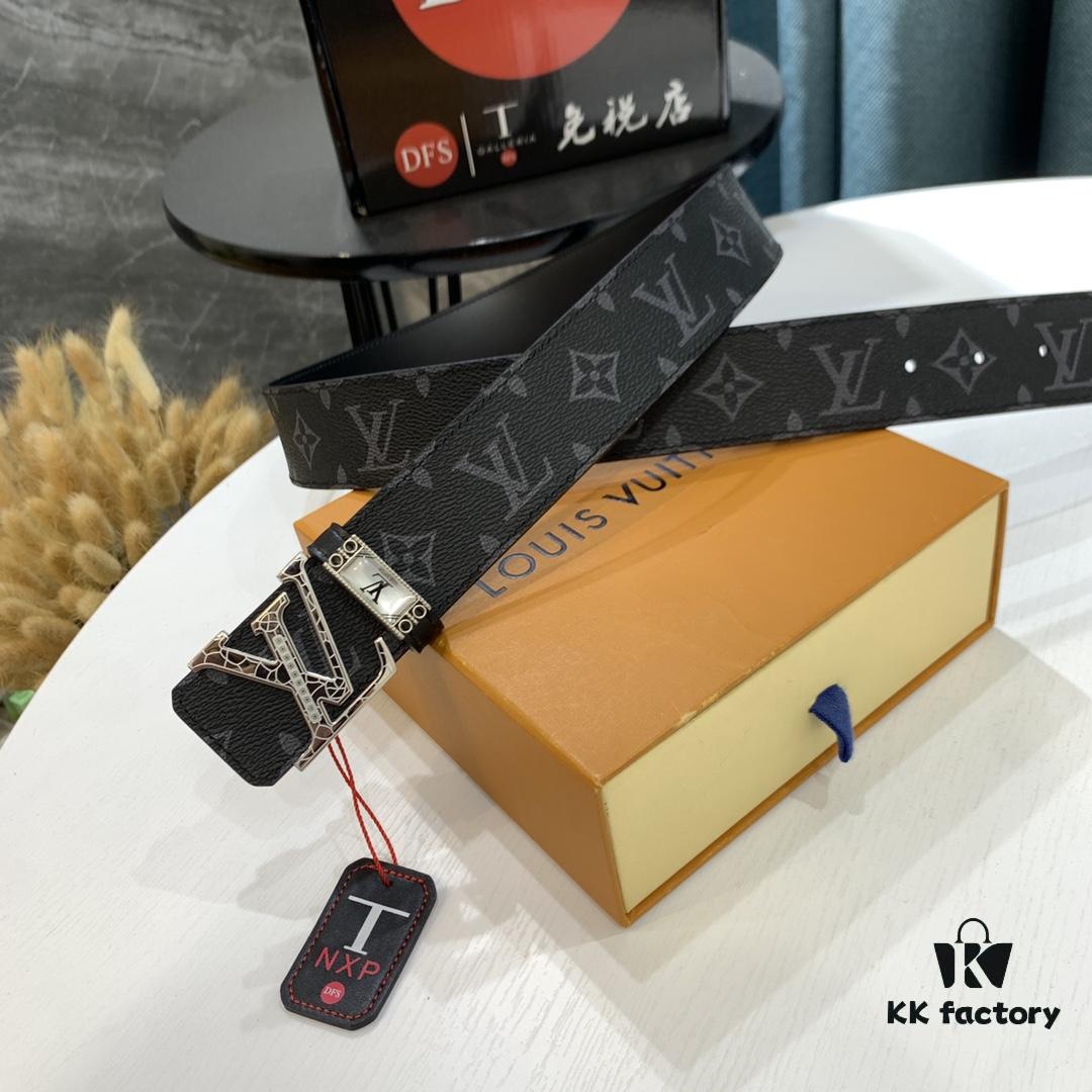 LV Men's Belt, New Monogram Design, Imported Fabric, Full-Grain Cowhide, Reversible, 3.8cm Width, Water Ripple Letter Hardware
