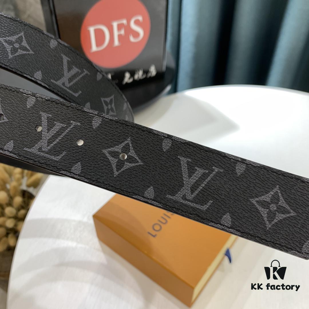 LV Men's Belt, New Monogram Design, Imported Fabric, Full-Grain Cowhide, Reversible, 3.8cm Width, Water Ripple Letter Hardware