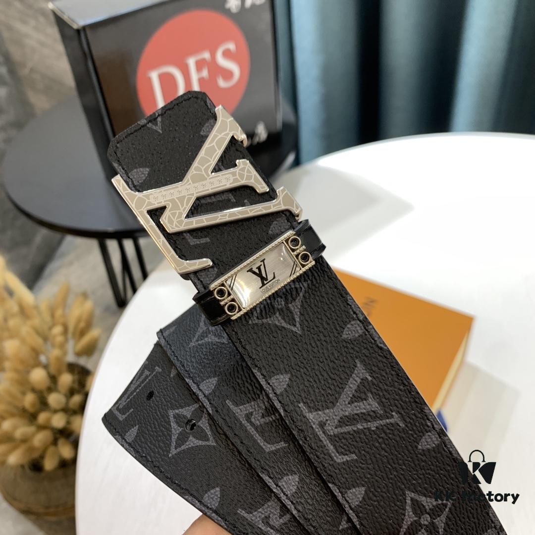 LV Men's Belt, New Monogram Design, Imported Fabric, Full-Grain Cowhide, Reversible, 3.8cm Width, Water Ripple Letter Hardware
