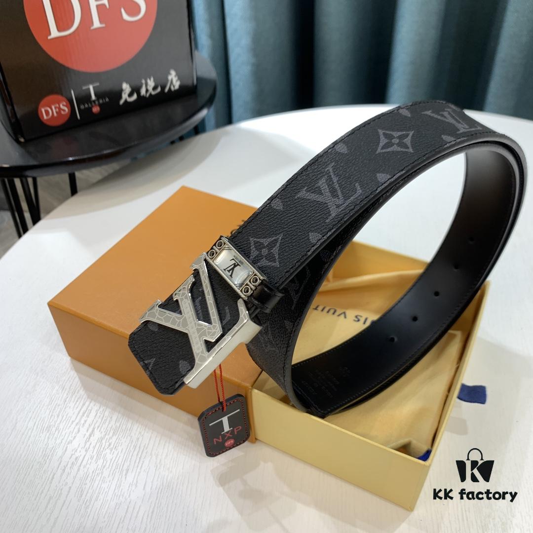 LV Men's Belt, New Monogram Design, Imported Fabric, Full-Grain Cowhide, Reversible, 3.8cm Width, Water Ripple Letter Hardware