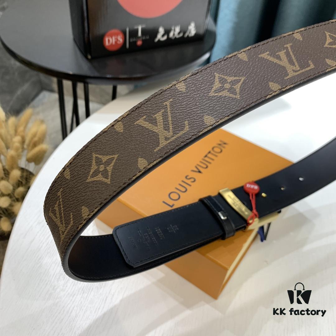 LV Men's Belt, New Monogram Imported Fabric, Full-Grain Cowhide Plain Weave, Reversible Design, Wave Pattern Letter Hardware, 3.8cm Width