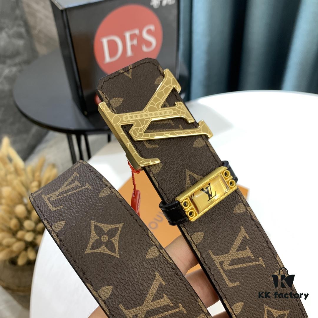 LV Men's Belt, New Monogram Imported Fabric, Full-Grain Cowhide Plain Weave, Reversible Design, Wave Pattern Letter Hardware, 3.8cm Width