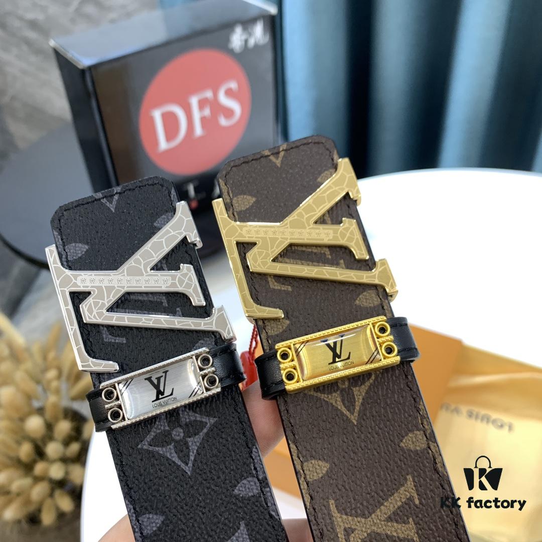 LV Men's Belt, New Monogram Imported Fabric, Full-Grain Cowhide Plain Weave, Reversible Design, Wave Pattern Letter Hardware, 3.8cm Width