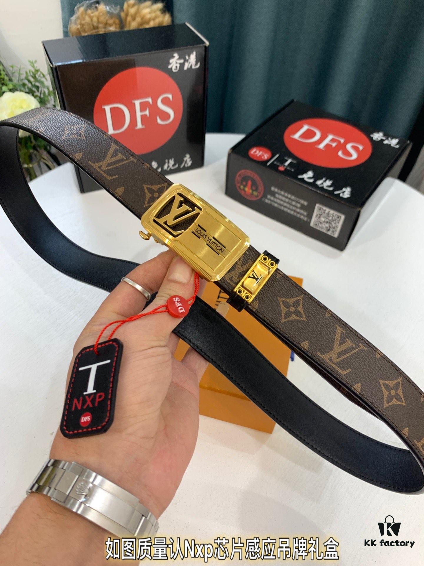 Luxury Louis Vuitton Automatic Buckle Belt – Genuine Cowhide with PVC Monogram Pattern, 3.5cm Width, Top-Quality Craftsmanship