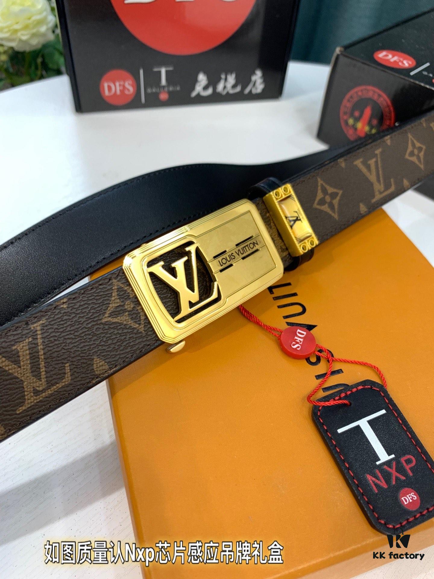 Luxury Louis Vuitton Automatic Buckle Belt – Genuine Cowhide with PVC Monogram Pattern, 3.5cm Width, Top-Quality Craftsmanship