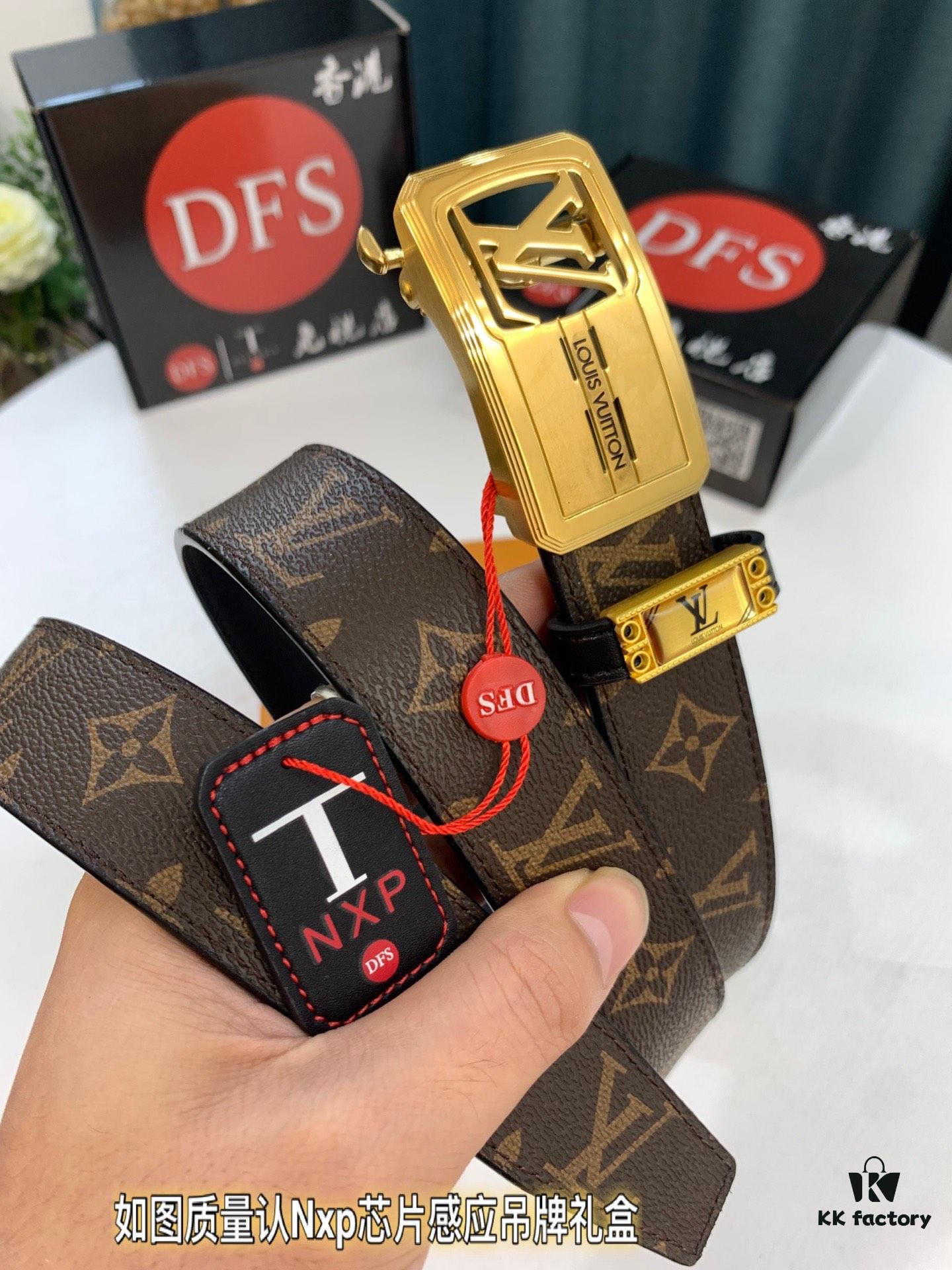 Luxury Louis Vuitton Automatic Buckle Belt – Genuine Cowhide with PVC Monogram Pattern, 3.5cm Width, Top-Quality Craftsmanship