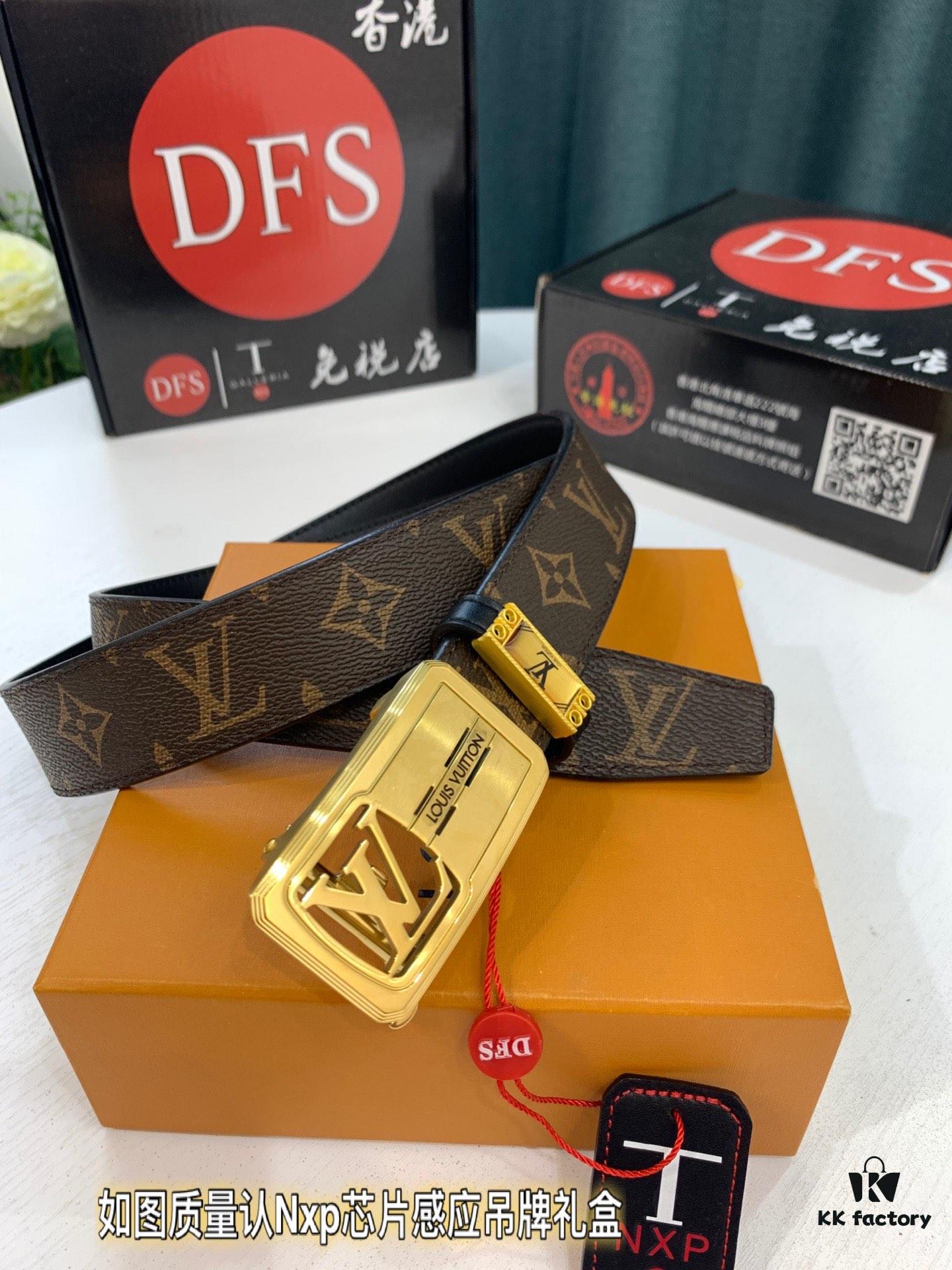 Luxury Louis Vuitton Automatic Buckle Belt – Genuine Cowhide with PVC Monogram Pattern, 3.5cm Width, Top-Quality Craftsmanship