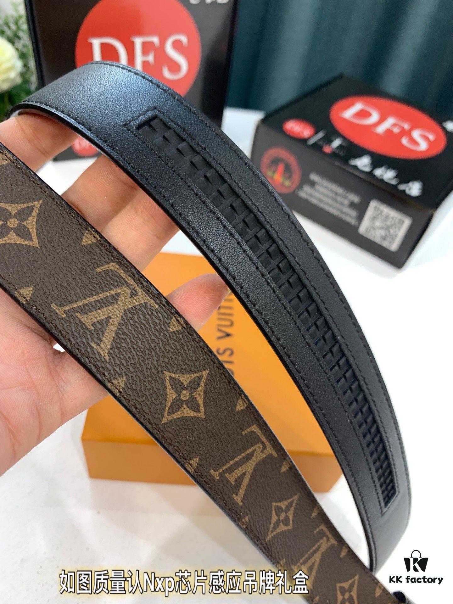 Luxury Louis Vuitton Automatic Buckle Belt – Genuine Cowhide with PVC Monogram Pattern, 3.5cm Width, Top-Quality Craftsmanship