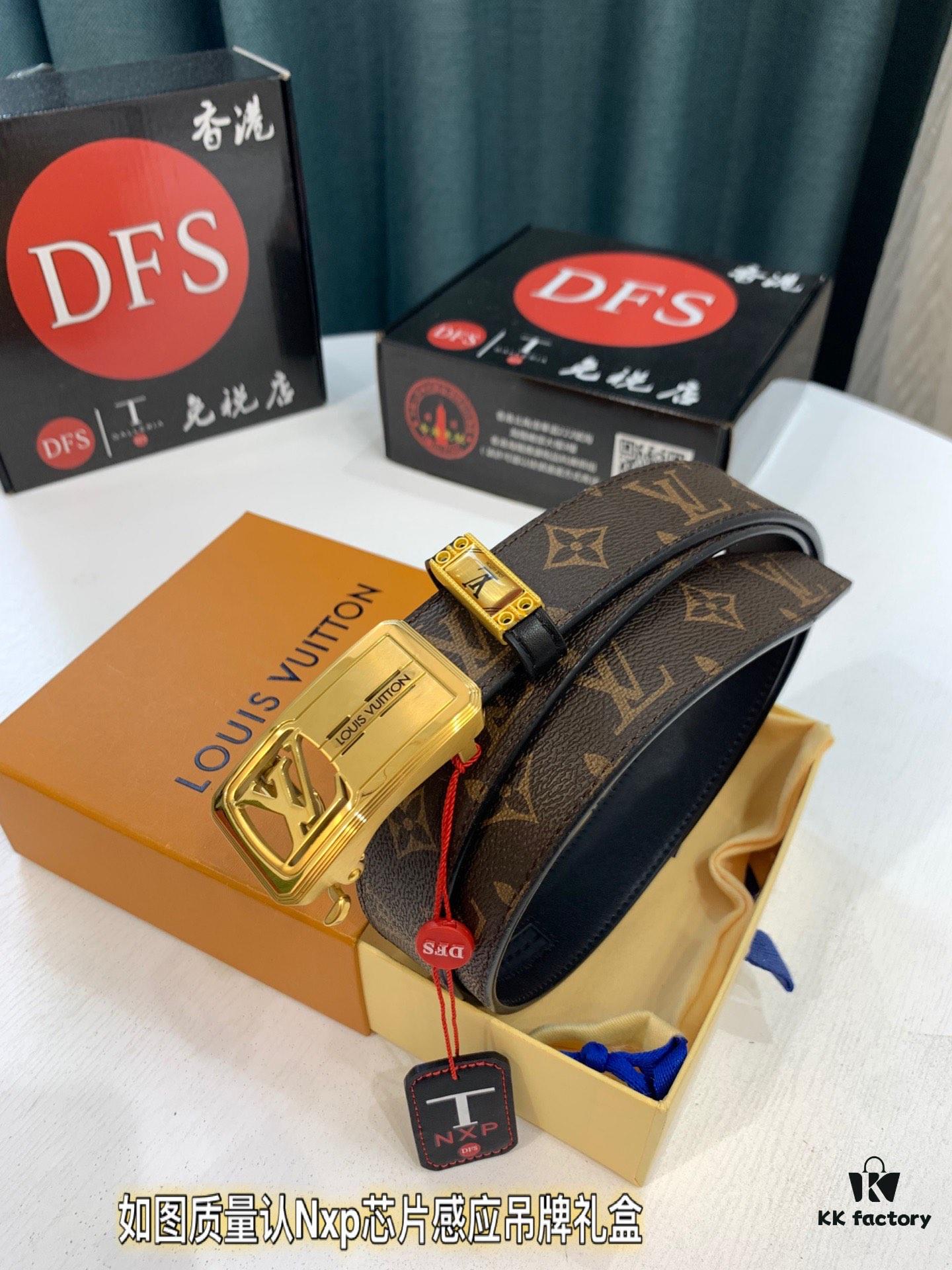 Luxury Louis Vuitton Automatic Buckle Belt – Genuine Cowhide with PVC Monogram Pattern, 3.5cm Width, Top-Quality Craftsmanship