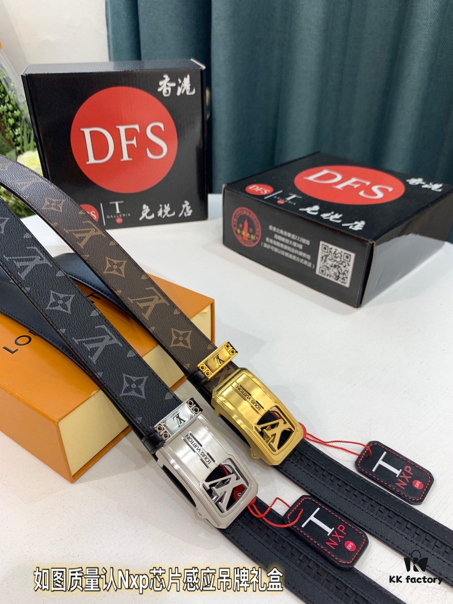 Luxury Louis Vuitton Automatic Buckle Belt – Genuine Cowhide with PVC Monogram Pattern, 3.5cm Width, Top-Quality Craftsmanship