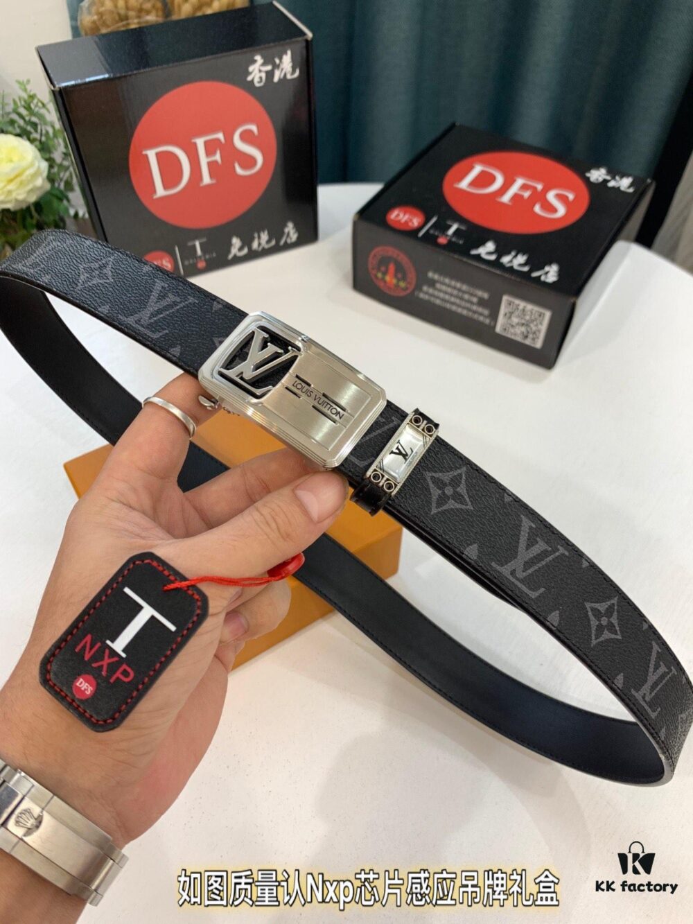 Louis Vuitton Automatic Buckle Belt, Premium Cowhide with PVC Monogram Pattern, 3.5cm Width, Top-Quality Craftsmanship