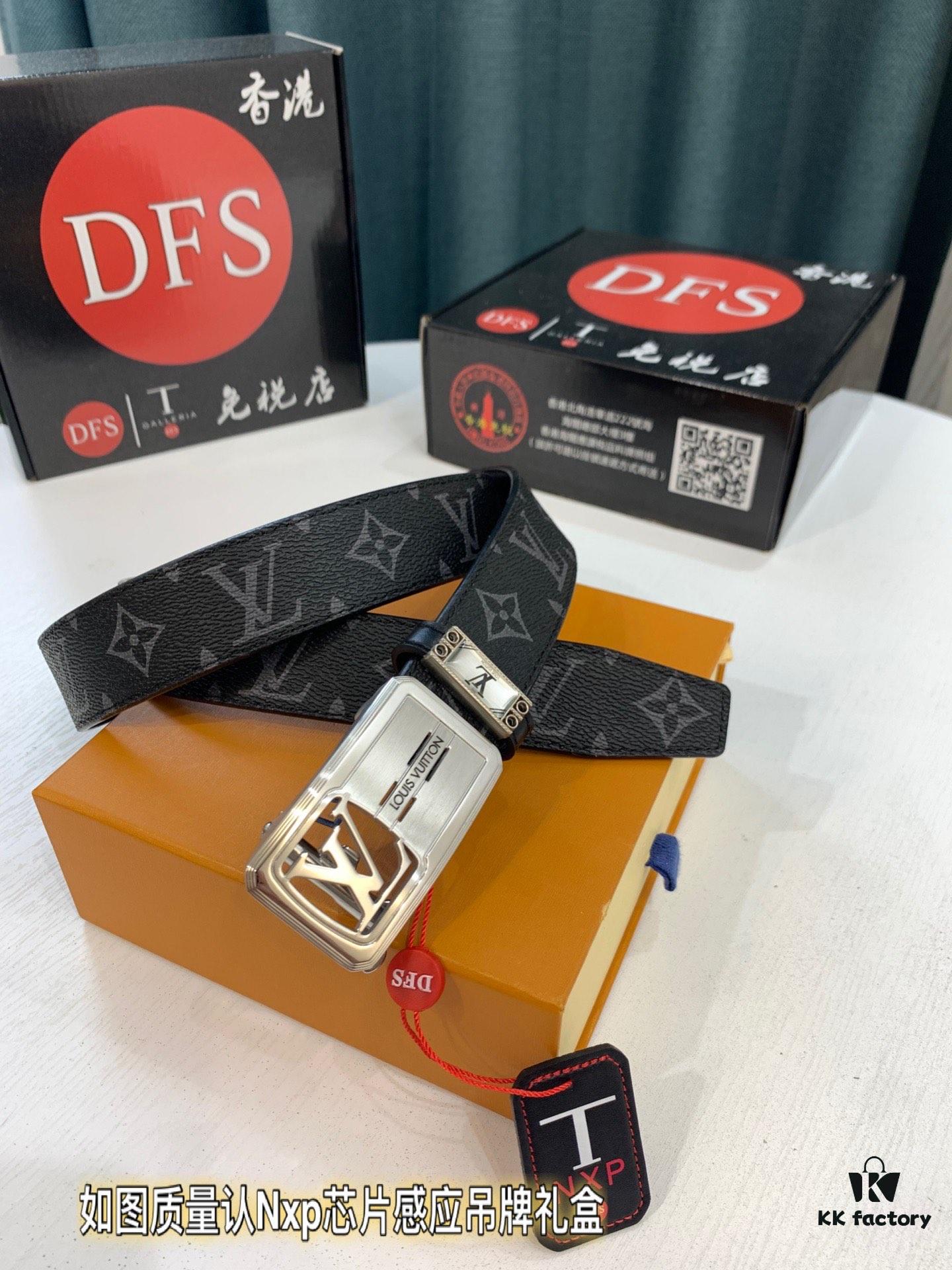 Louis Vuitton Automatic Buckle Belt, Premium Cowhide with PVC Monogram Pattern, 3.5cm Width, Top-Quality Craftsmanship