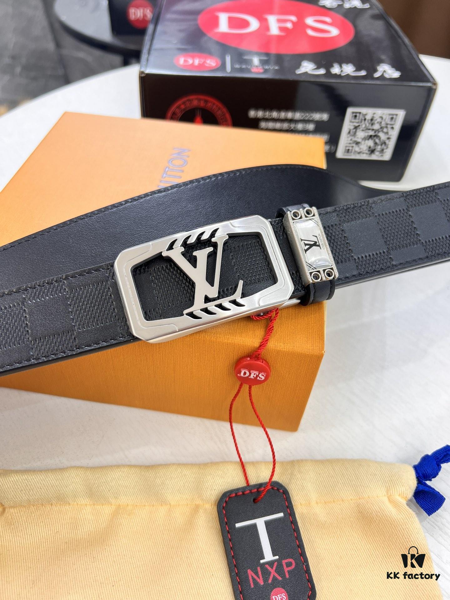 Louis Vuitton Automatic Buckle Belt, Top-Quality Genuine Leather, Imported Grain Calfskin with Fine-Textured Cowhide, 3.5cm Width, Smooth Slide Mechanism, LV Stainless Steel Hardware