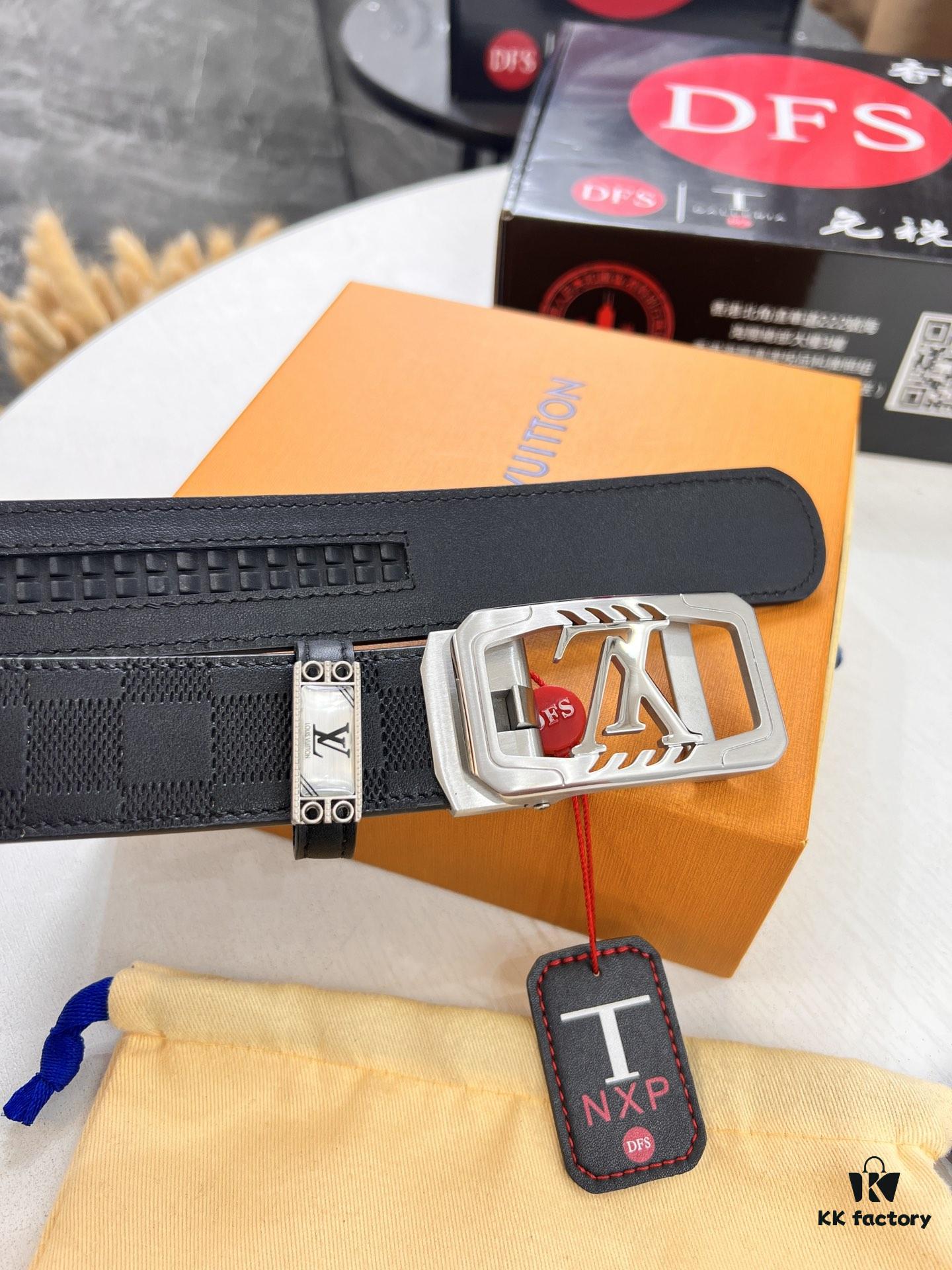 Louis Vuitton Automatic Buckle Belt, Top-Quality Genuine Leather, Imported Grain Calfskin with Fine-Textured Cowhide, 3.5cm Width, Smooth Slide Mechanism, LV Stainless Steel Hardware