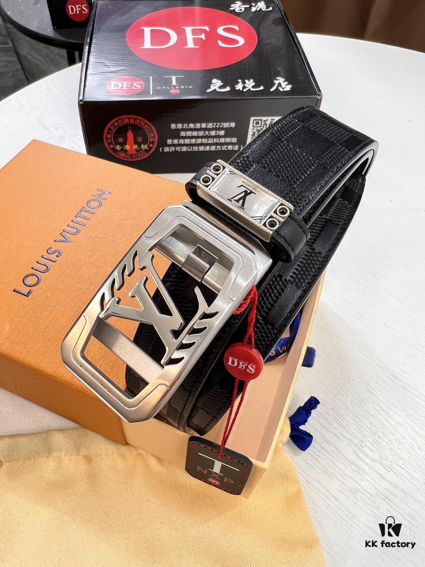 Louis Vuitton Automatic Buckle Belt, Top-Quality Genuine Leather, Imported Grain Calfskin with Fine-Textured Cowhide, 3.5cm Width, Smooth Slide Mechanism, LV Stainless Steel Hardware