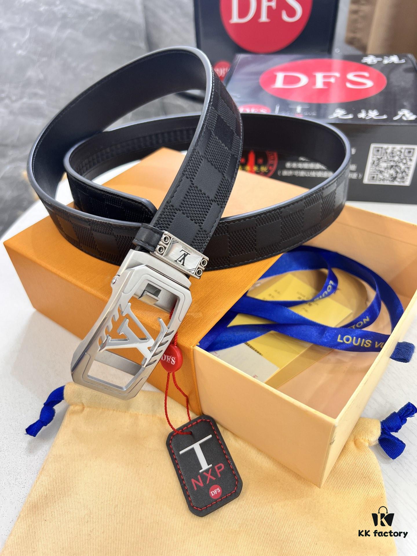 Louis Vuitton Automatic Buckle Belt, Top-Quality Genuine Leather, Imported Grain Calfskin with Fine-Textured Cowhide, 3.5cm Width, Smooth Slide Mechanism, LV Stainless Steel Hardware