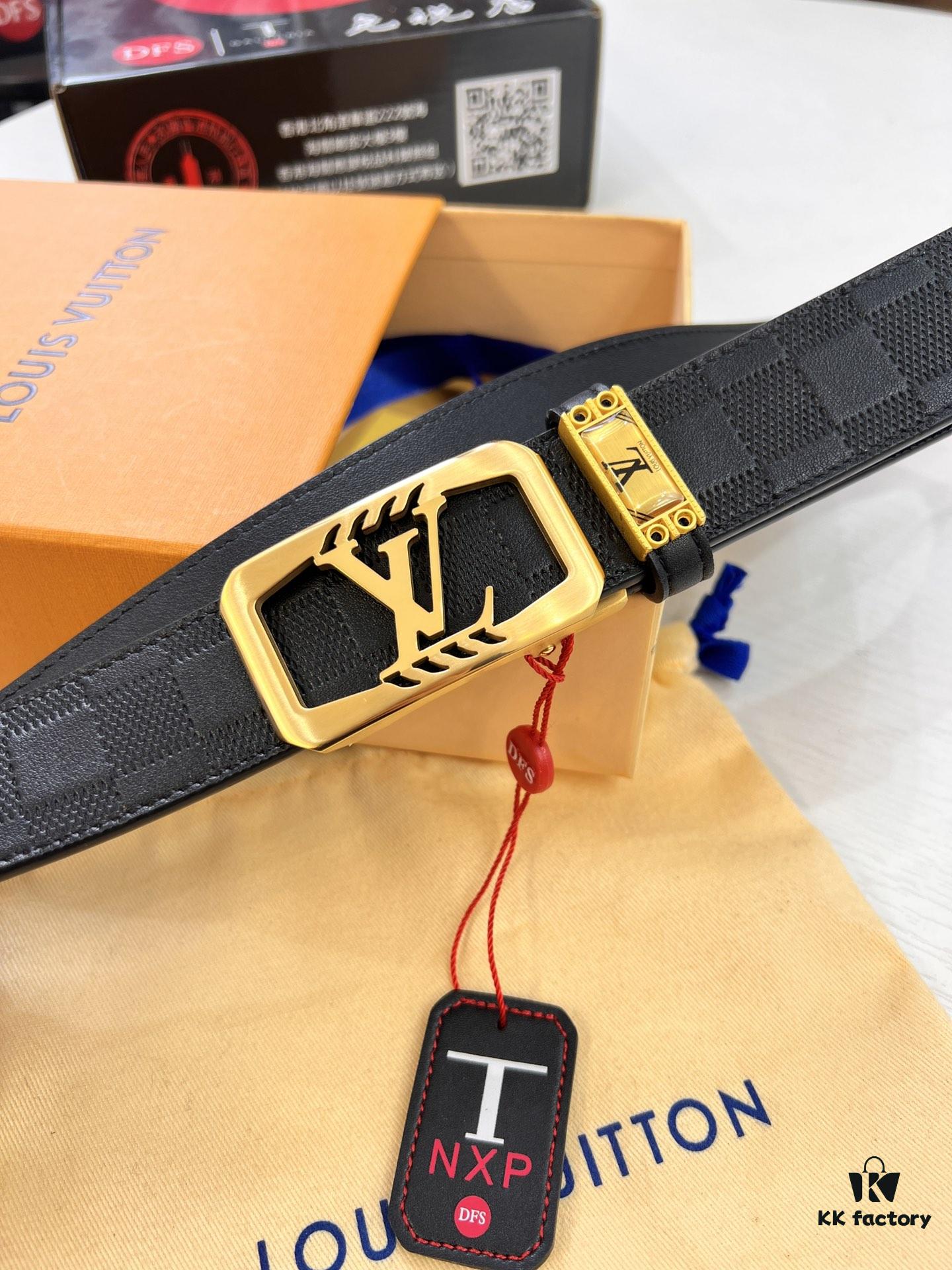 Louis Vuitton Automatic Buckle Belt, Genuine Cowhide, Imported Top-layer Leather with Grid Pattern, Fine-grain Calfskin, 3.5cm Width, Top-quality Business Formal Belt