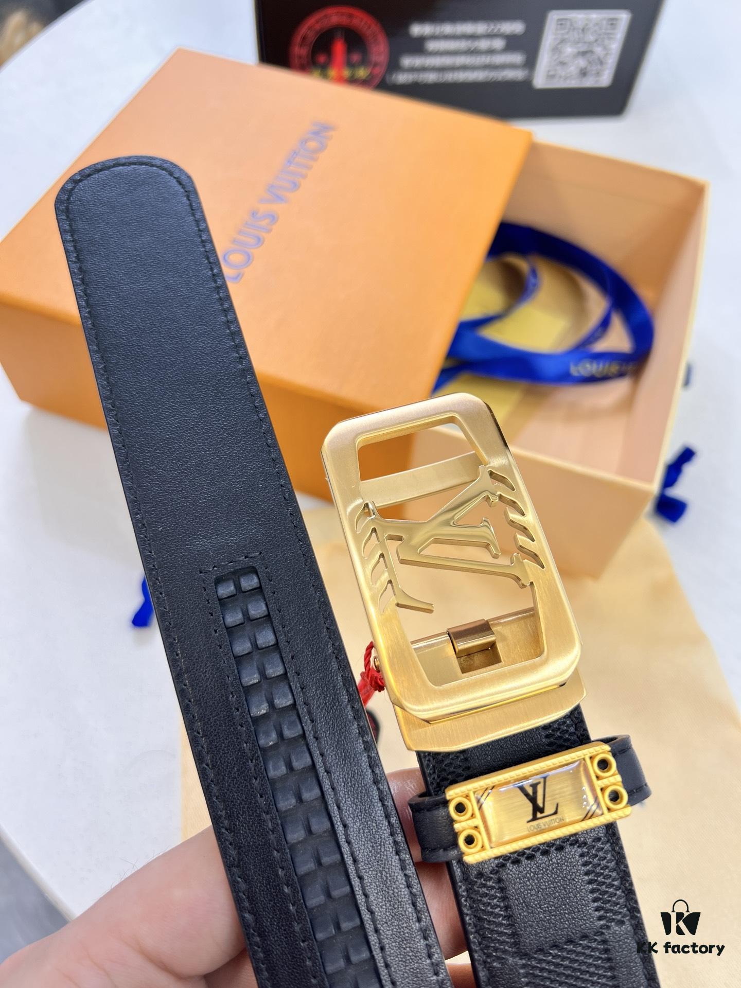 Louis Vuitton Automatic Buckle Belt, Genuine Cowhide, Imported Top-layer Leather with Grid Pattern, Fine-grain Calfskin, 3.5cm Width, Top-quality Business Formal Belt