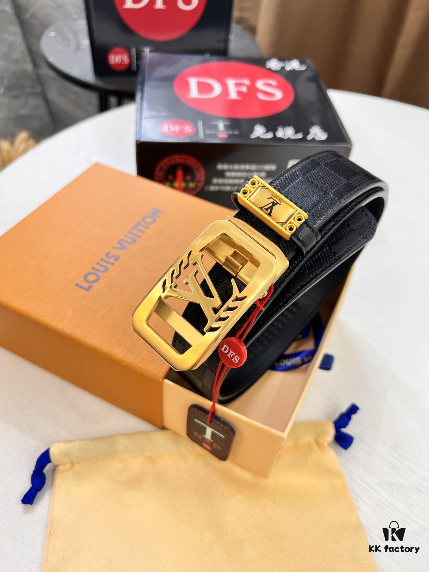 Louis Vuitton Automatic Buckle Belt, Genuine Cowhide, Imported Top-layer Leather with Grid Pattern, Fine-grain Calfskin, 3.5cm Width, Top-quality Business Formal Belt