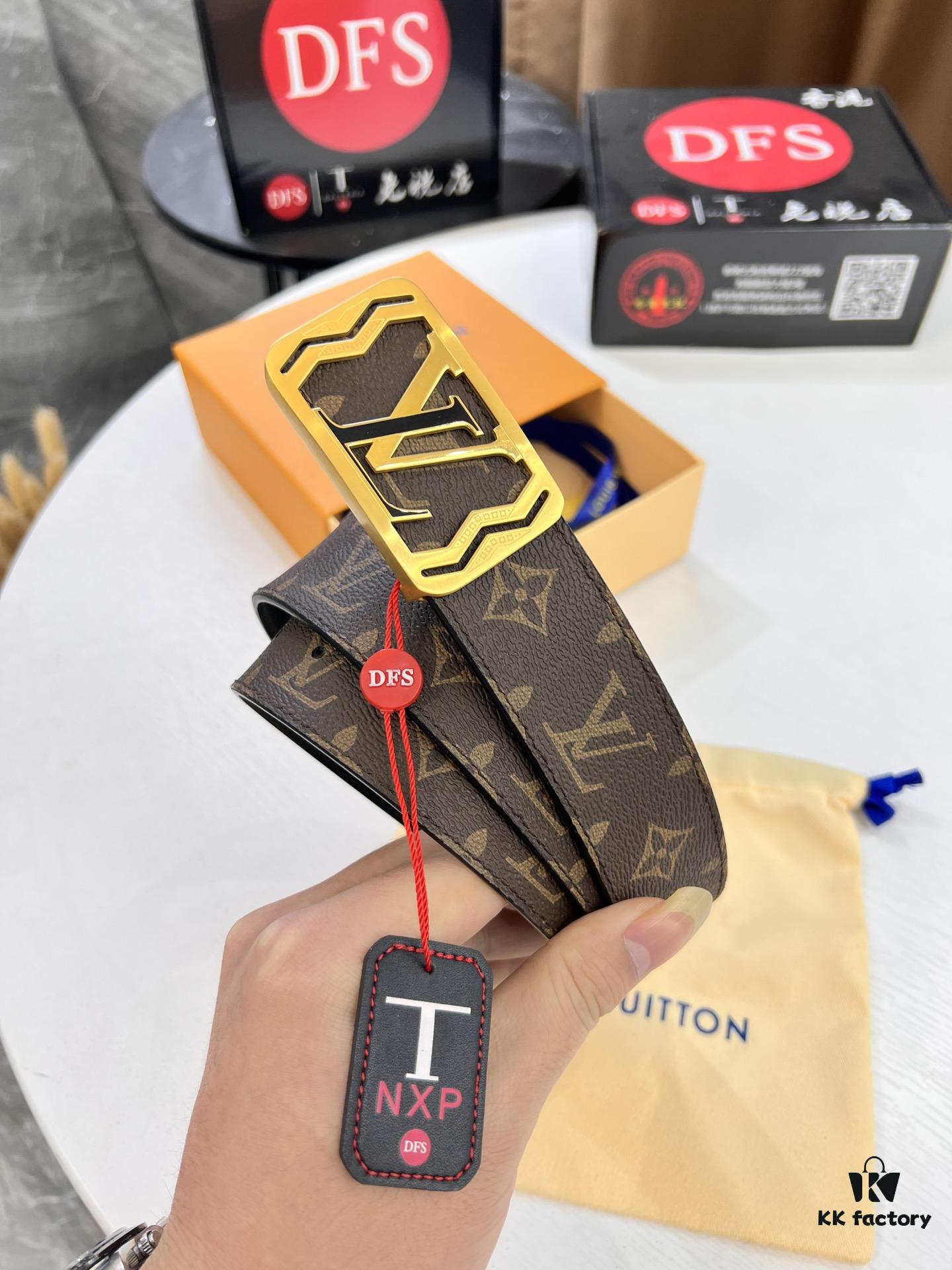 LV Men's Belt, Latest ZP Mold Design, Genuine Leather, 4.0cm Width, Steel Hardware