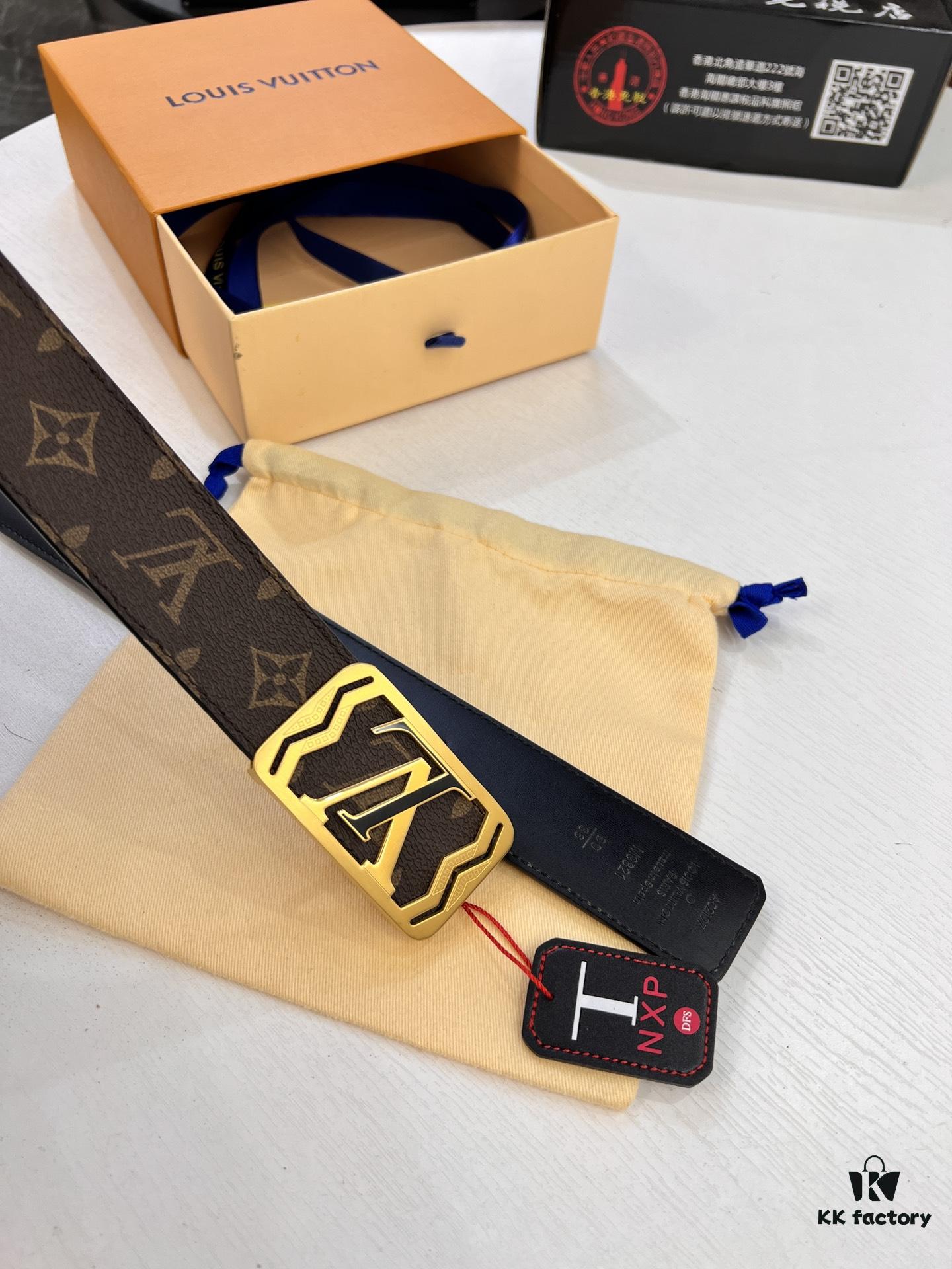 LV Men's Belt, Latest ZP Mold Design, Genuine Leather, 4.0cm Width, Steel Hardware