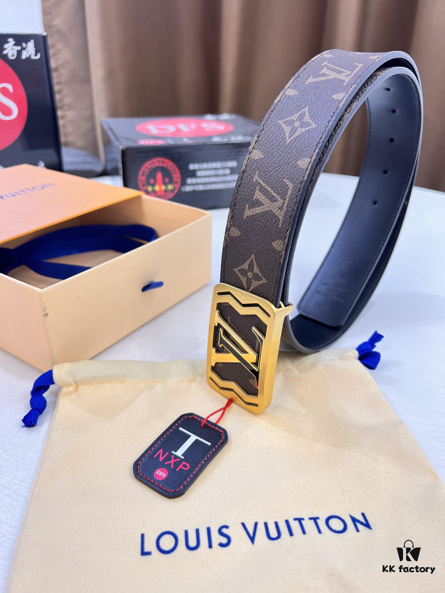 LV Men's Belt, Latest ZP Mold Design, Genuine Leather, 4.0cm Width, Steel Hardware