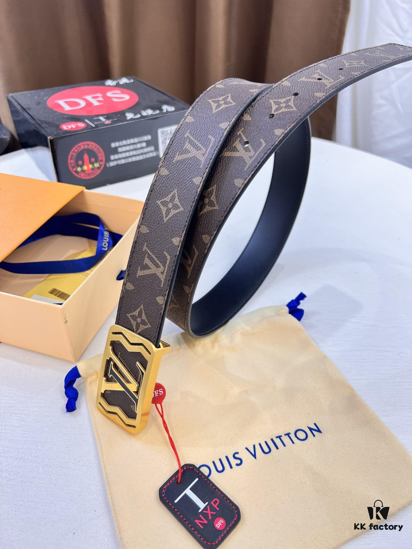 LV Men's Belt, Latest ZP Mold Design, Genuine Leather, 4.0cm Width, Steel Hardware