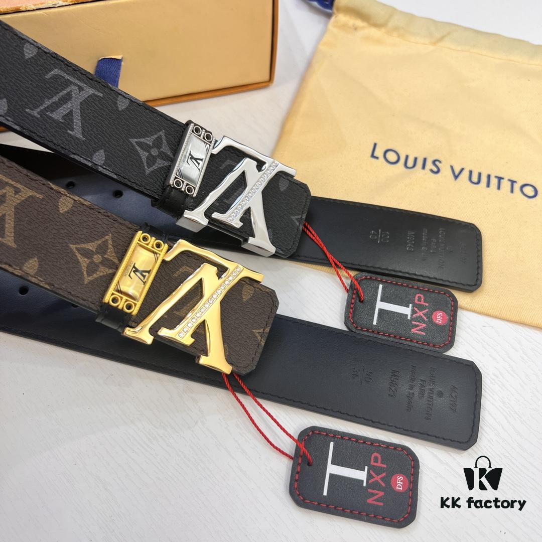 LV Men's Belt, Latest Design, ZP Molded, Monogram Canvas Fabric, Genuine Cowhide Leather, Heavy-Duty Steel Buckle, 4.0cm Width