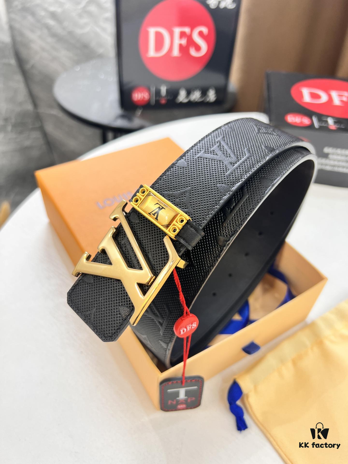 Top-Tier Louis Vuitton LV Pattern Belt, Genuine Full-Grain Calfskin with NXP Smart Chip, 3.8cm Width, Hong Kong Duty-Free Gift Box