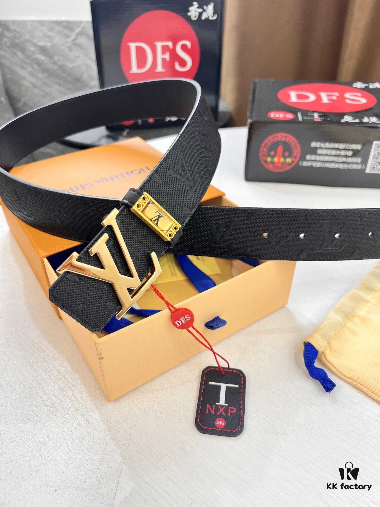 Top-Tier Louis Vuitton LV Pattern Belt, Genuine Full-Grain Calfskin with NXP Smart Chip, 3.8cm Width, Hong Kong Duty-Free Gift Box