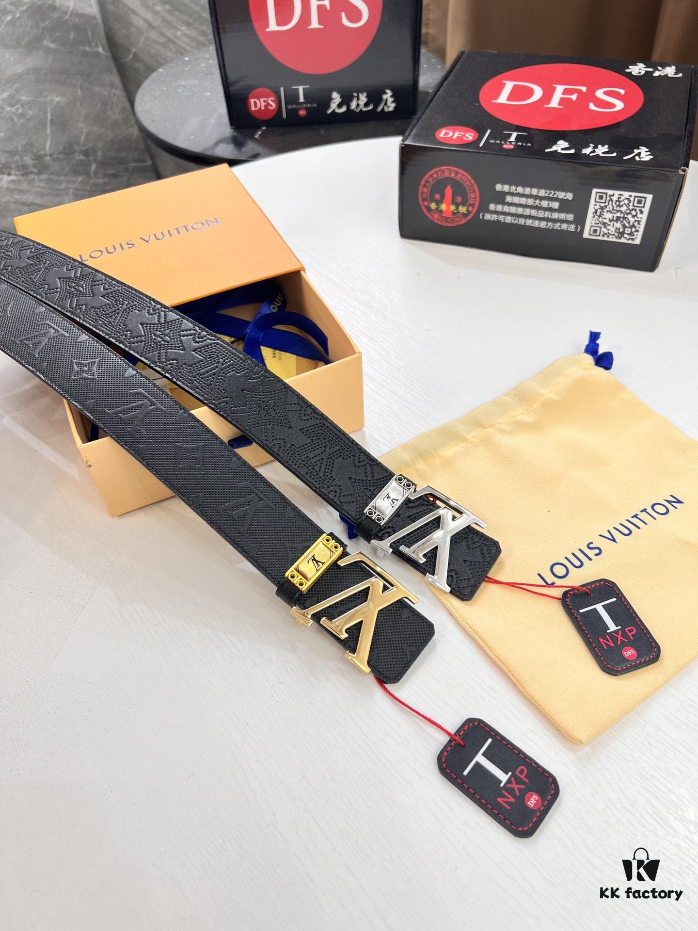 Top-Tier Louis Vuitton LV Pattern Belt, Genuine Full-Grain Calfskin with NXP Smart Chip, 3.8cm Width, Hong Kong Duty-Free Gift Box