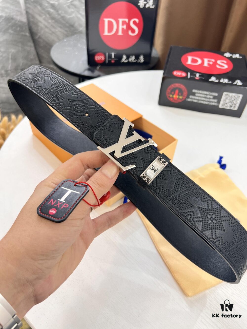 LV-Style Top-Tier Leather Belt, Hong Kong Duty-Free Original Gift Box, Full-Grain Calfskin with NXP RFID Chip, 3.8cm Width