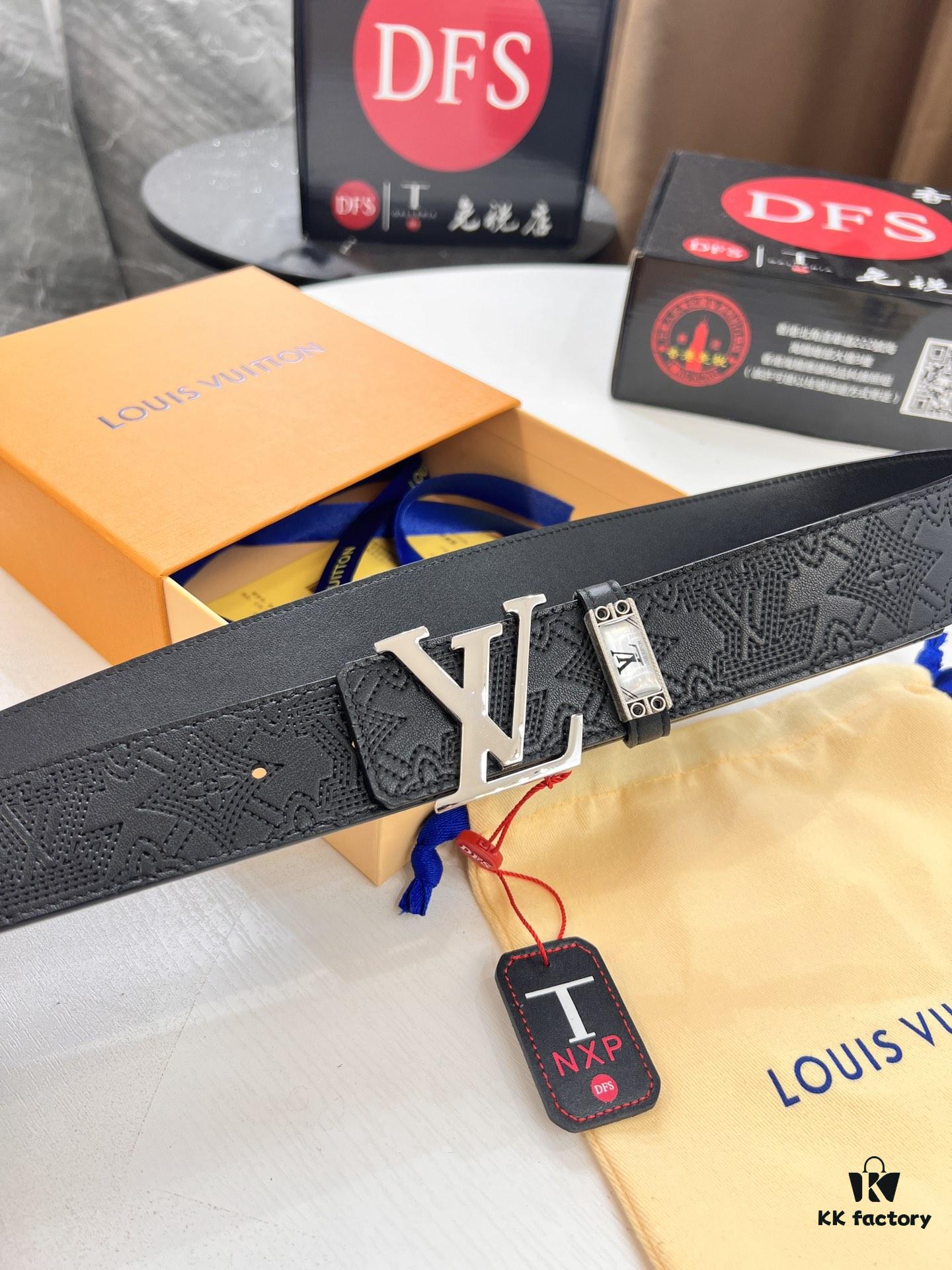 LV-Style Top-Tier Leather Belt, Hong Kong Duty-Free Original Gift Box, Full-Grain Calfskin with NXP RFID Chip, 3.8cm Width