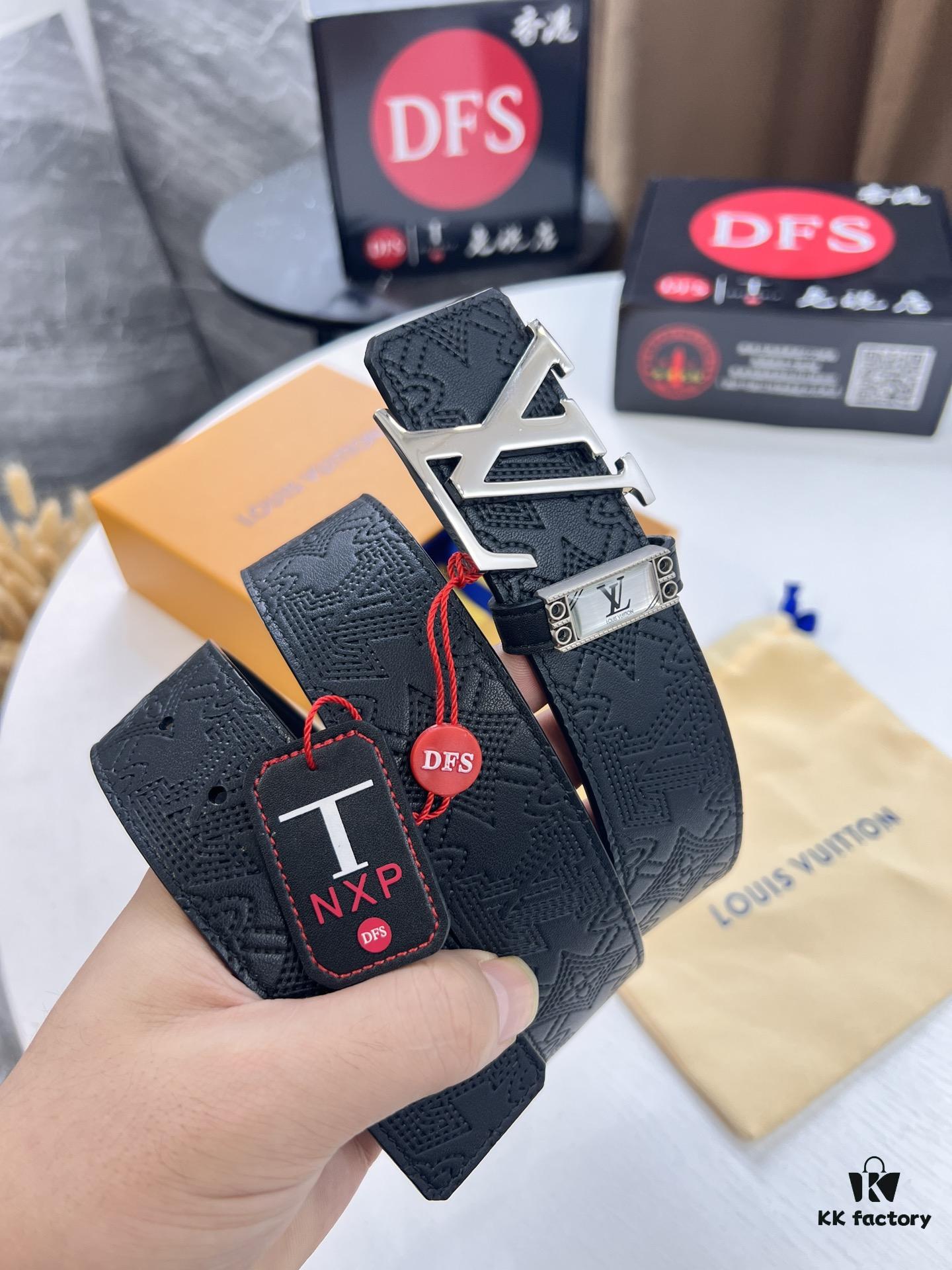 LV-Style Top-Tier Leather Belt, Hong Kong Duty-Free Original Gift Box, Full-Grain Calfskin with NXP RFID Chip, 3.8cm Width