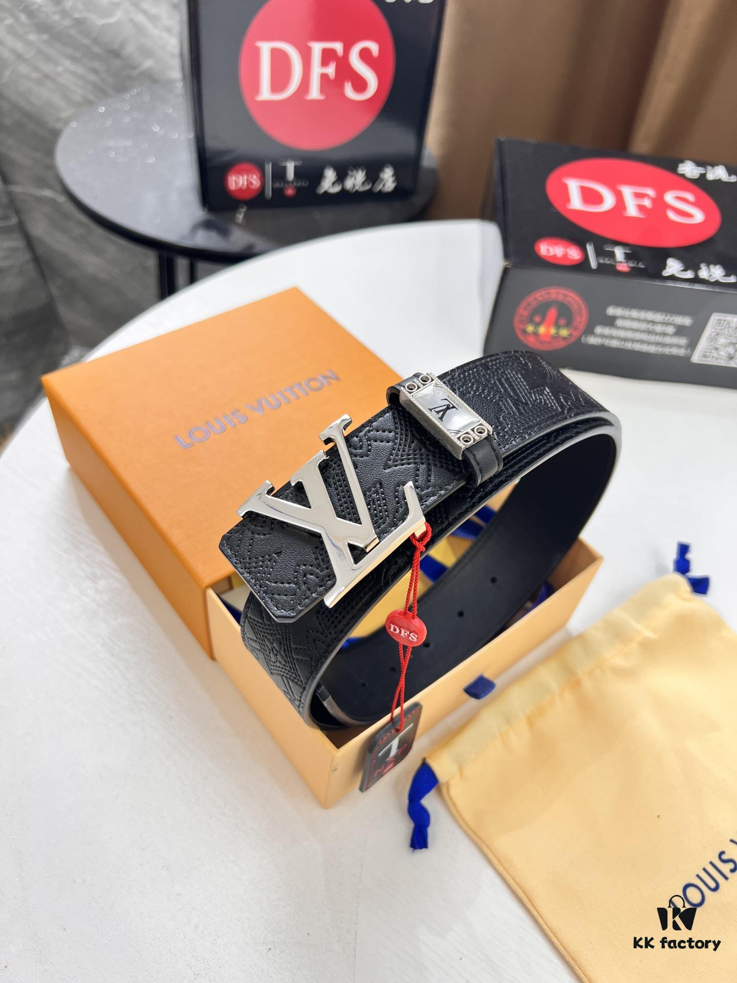 LV-Style Top-Tier Leather Belt, Hong Kong Duty-Free Original Gift Box, Full-Grain Calfskin with NXP RFID Chip, 3.8cm Width