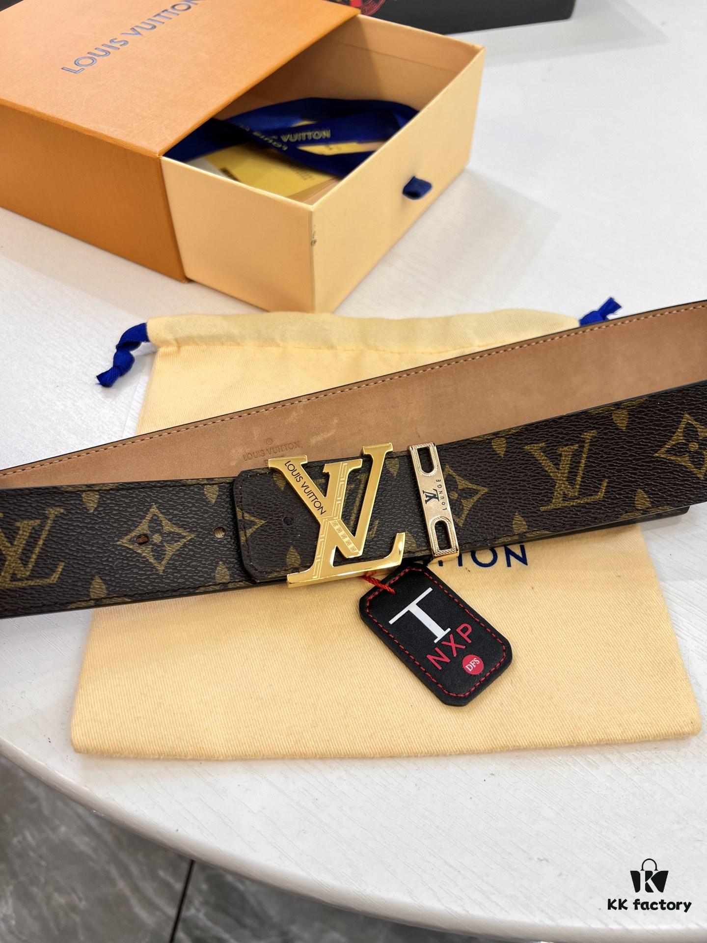 LV Men's Belt, New Arrival, Premium Cowhide Leather, Matte Finish, Corrosion-Resistant Letter Hardware, 3.8cm Width