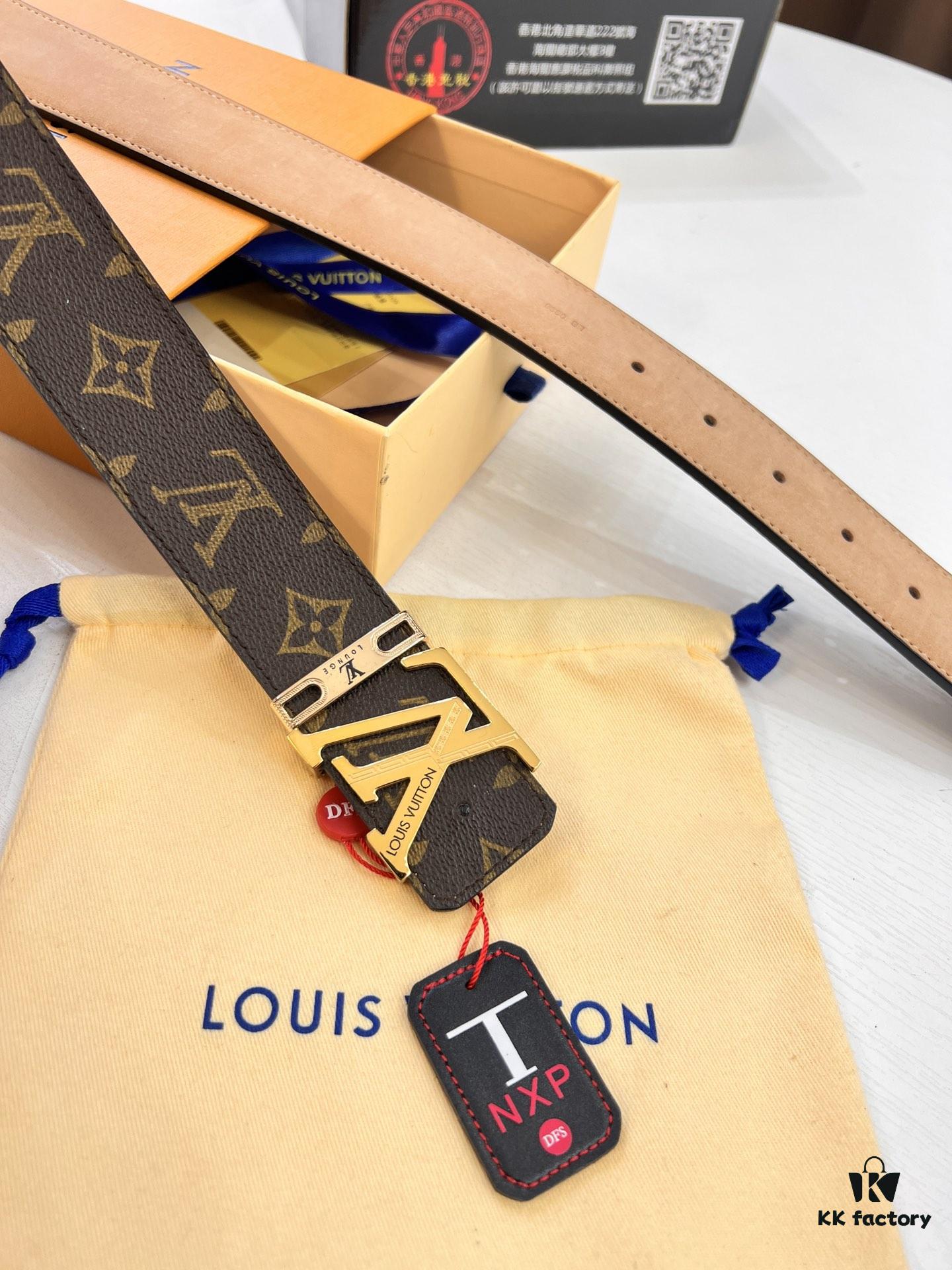 LV Men's Belt, New Arrival, Premium Cowhide Leather, Matte Finish, Corrosion-Resistant Letter Hardware, 3.8cm Width