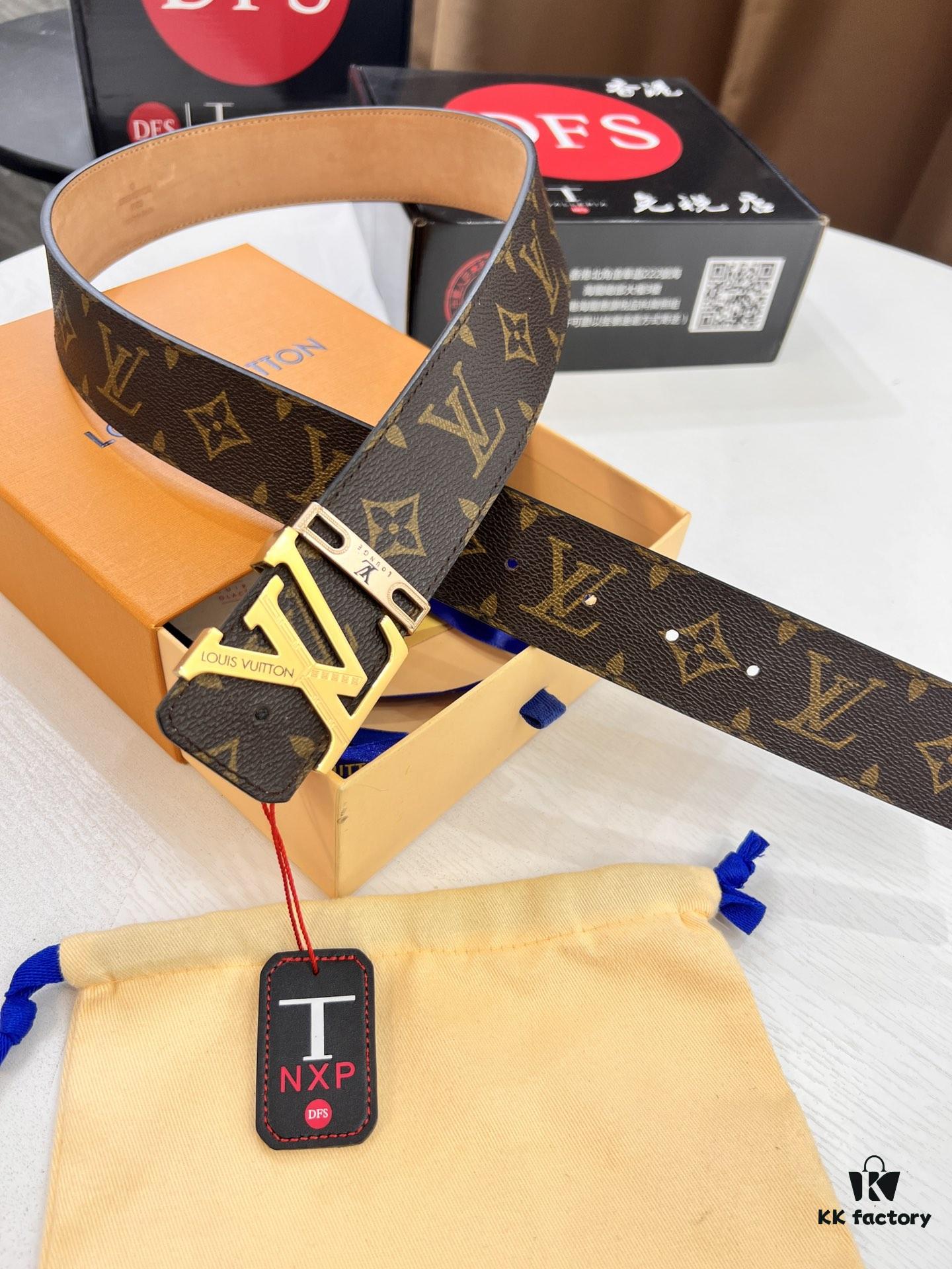 LV Men's Belt, New Arrival, Premium Cowhide Leather, Matte Finish, Corrosion-Resistant Letter Hardware, 3.8cm Width