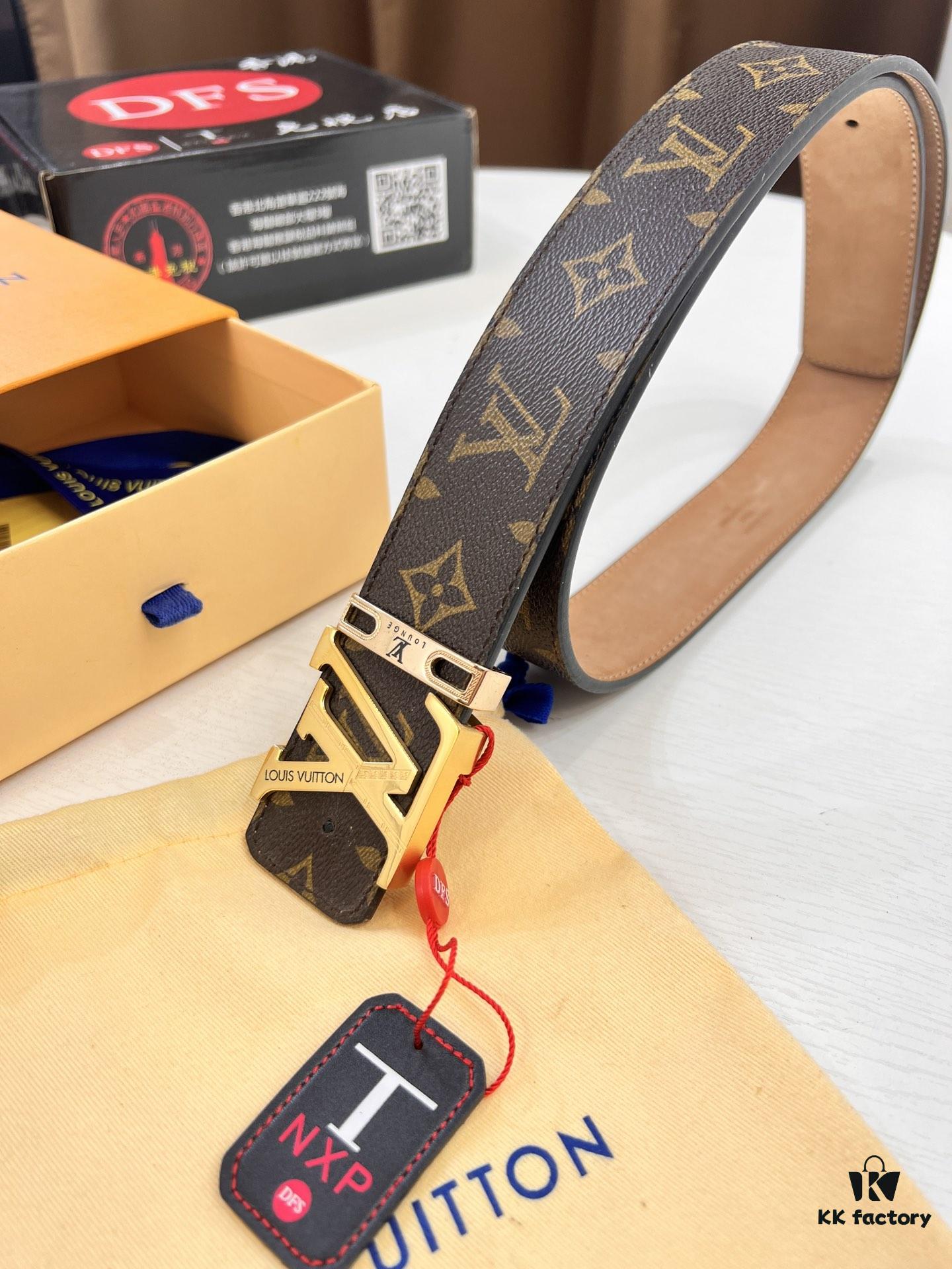 LV Men's Belt, New Arrival, Premium Cowhide Leather, Matte Finish, Corrosion-Resistant Letter Hardware, 3.8cm Width