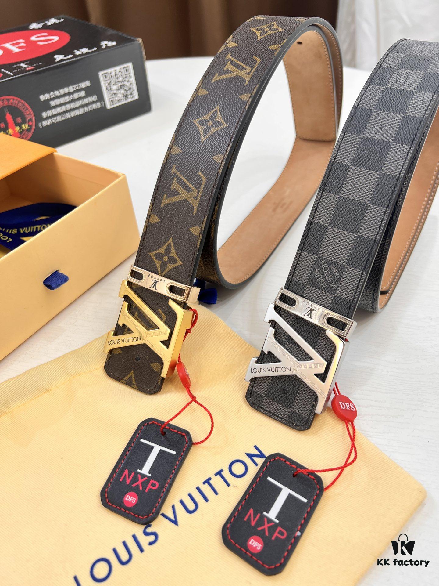 LV Men's Belt, New Arrival, Premium Cowhide Leather, Matte Finish, Corrosion-Resistant Letter Hardware, 3.8cm Width