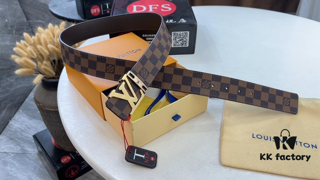 LV New Checkered Leather Belt, Fashion Casual Style with Video Anti-counterfeiting Induction Network