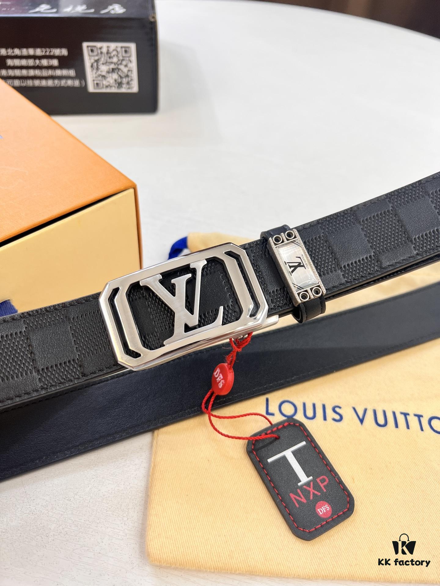 Louis Vuitton Automatic Buckle Belt, Top-Quality Genuine Leather, 3.5cm Width, Imported Calfskin with Grid Pattern, Smooth Slide Mechanism, Stainless Steel Hardware