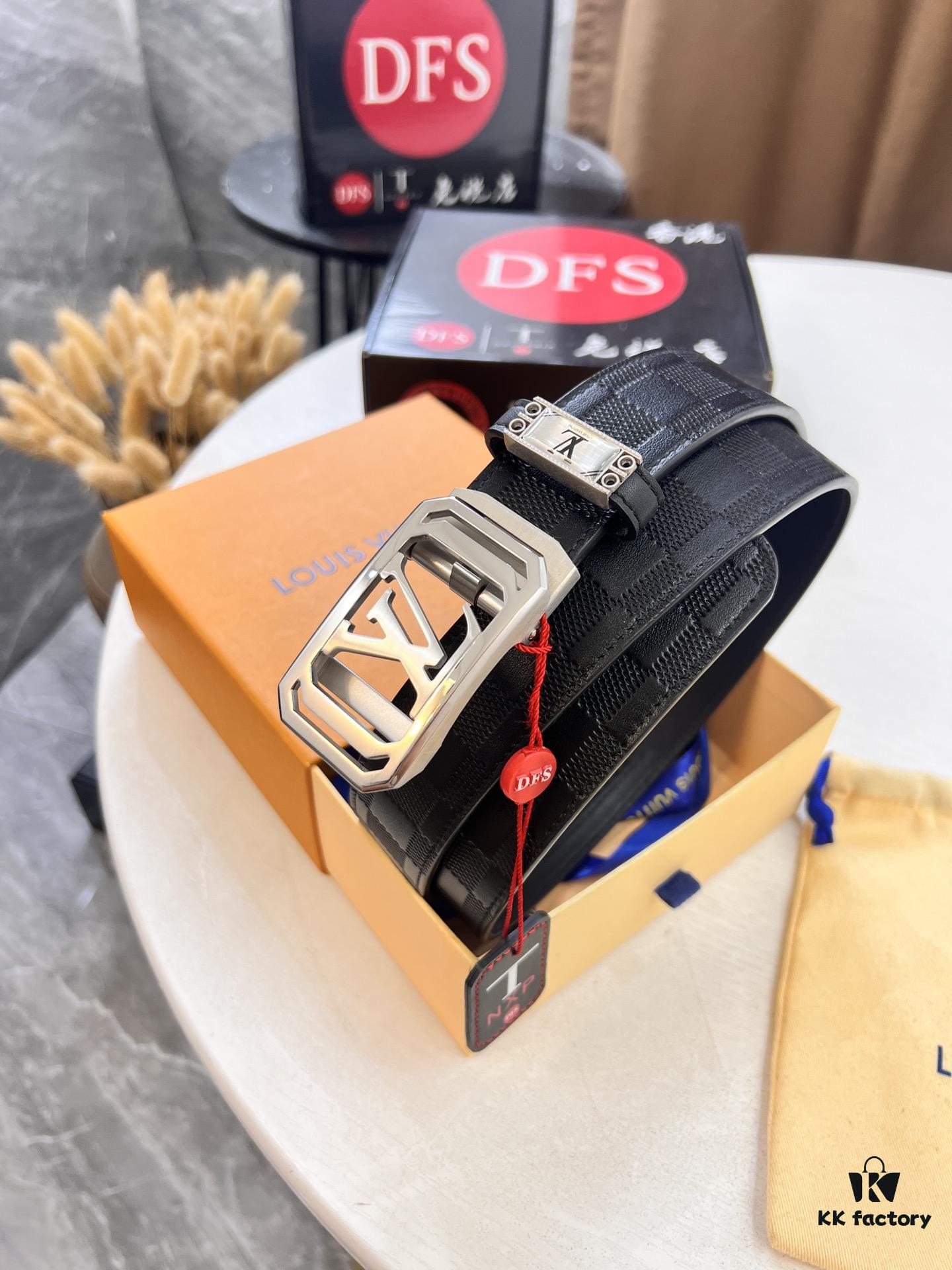 Louis Vuitton Automatic Buckle Belt, Top-Quality Genuine Leather, 3.5cm Width, Imported Calfskin with Grid Pattern, Smooth Slide Mechanism, Stainless Steel Hardware