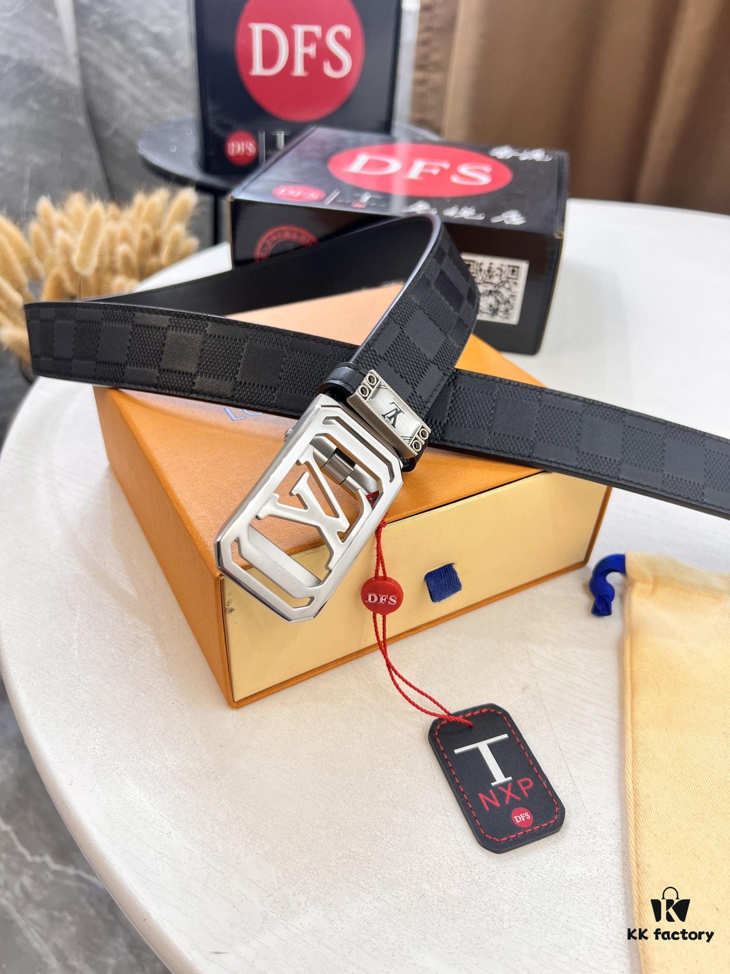 Louis Vuitton Automatic Buckle Belt, Top-Quality Genuine Leather, 3.5cm Width, Imported Calfskin with Grid Pattern, Smooth Slide Mechanism, Stainless Steel Hardware